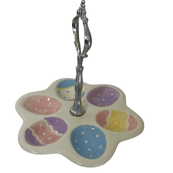Easter Egg Tray Colorful Ceramic Platter Holds Six Dyed Eggs Silver Tone Handle - Picture 2 of 7